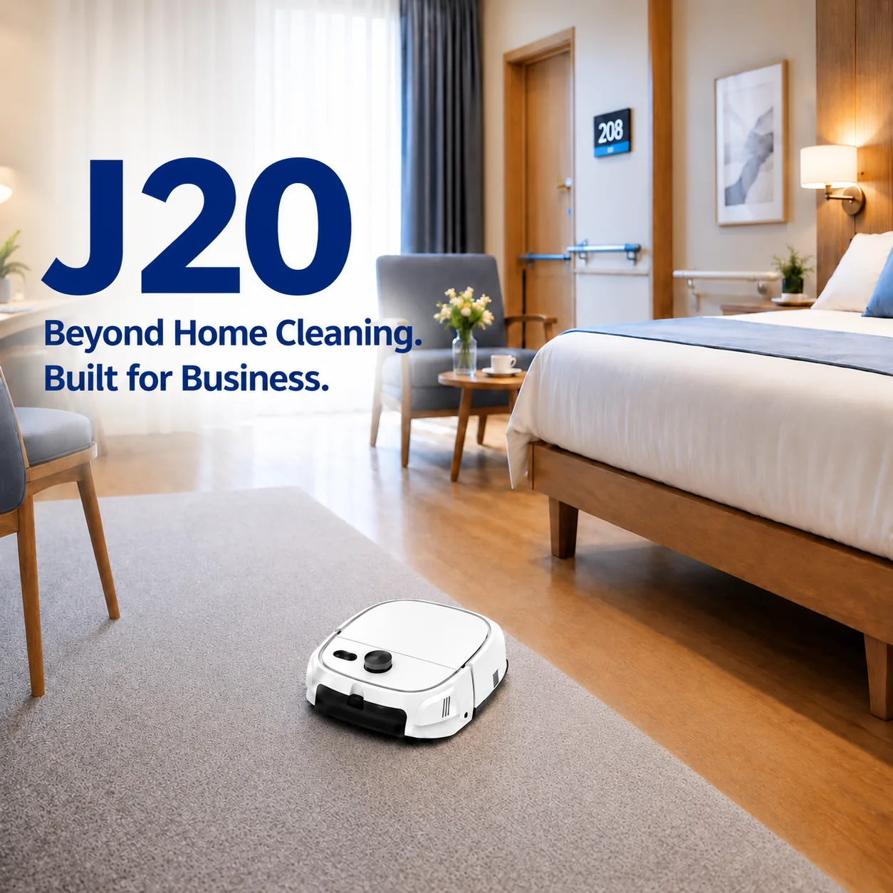 J20 cleaning robot on a hotel bedroom carpet